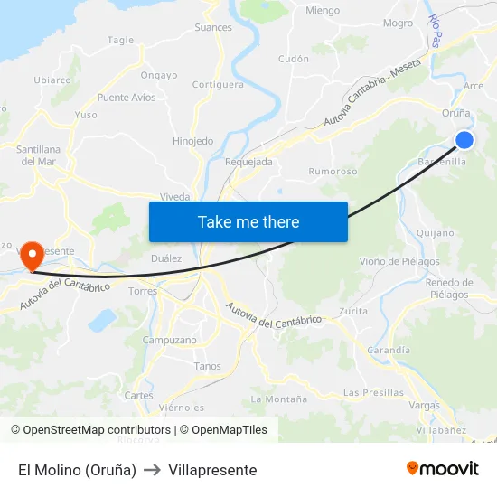 El Molino (Oruña) to Villapresente map