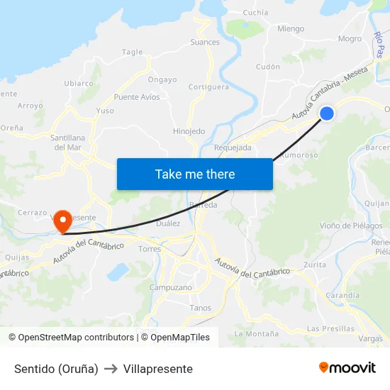 Sentido (Oruña) to Villapresente map