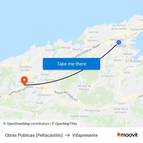 Obras Publicas (Peñacastillo) to Villapresente map