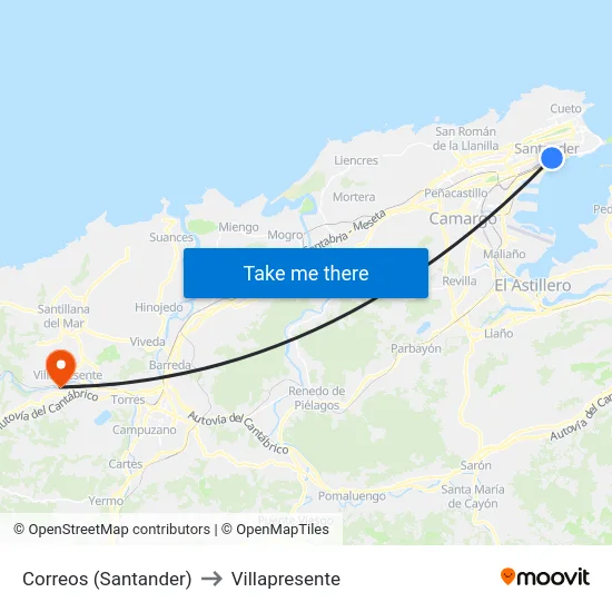 Correos (Santander) to Villapresente map