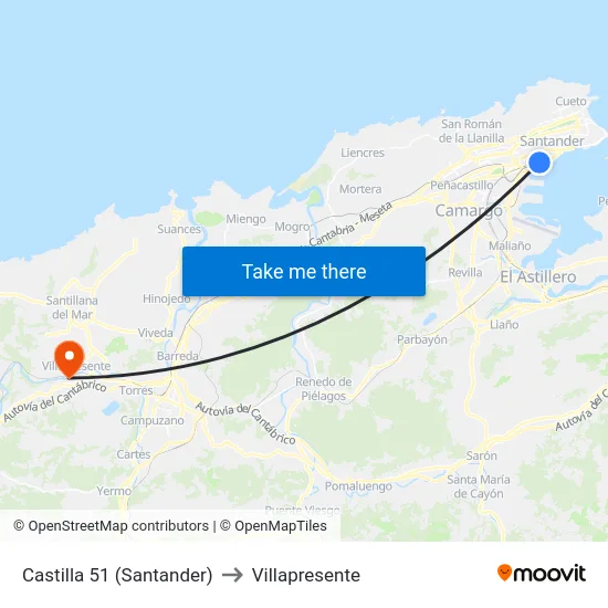 Castilla 51 (Santander) to Villapresente map