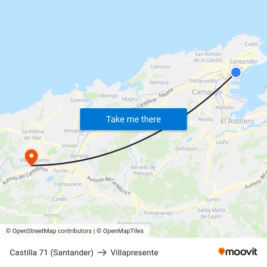 Castilla 71 (Santander) to Villapresente map