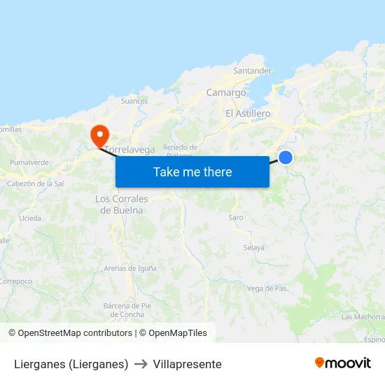 Lierganes (Lierganes) to Villapresente map