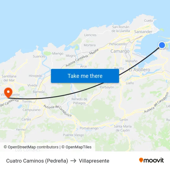Cuatro Caminos (Pedreña) to Villapresente map