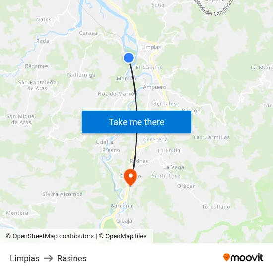 Limpias to Rasines map