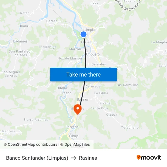 Banco Santander (Limpias) to Rasines map