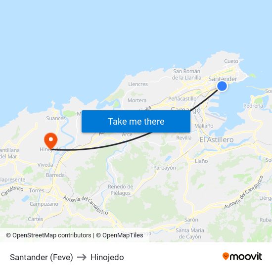 Santander (Feve) to Hinojedo map