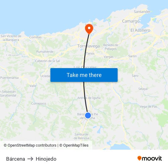 Bárcena to Hinojedo map