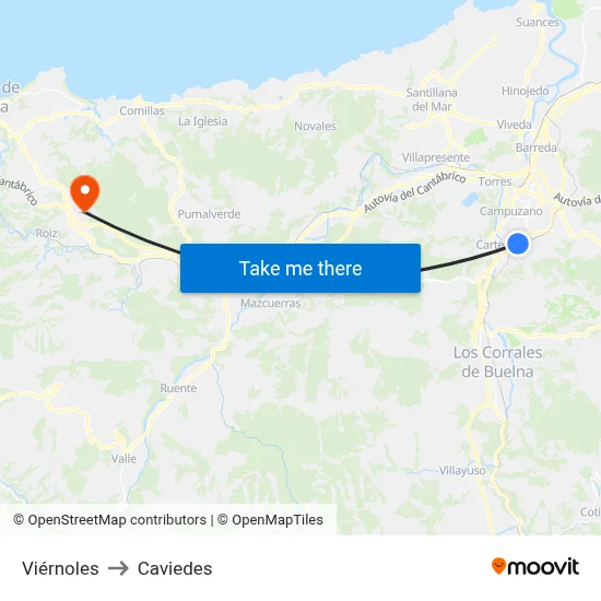 Viérnoles to Caviedes map