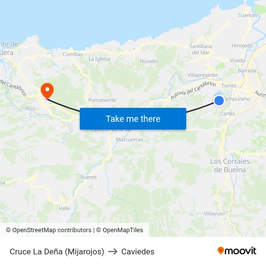Cruce La Deña (Mijarojos) to Caviedes map