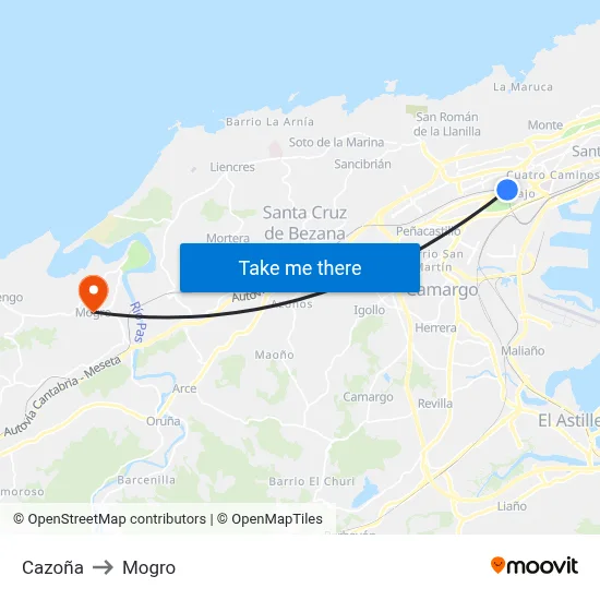 Cazoña to Mogro map