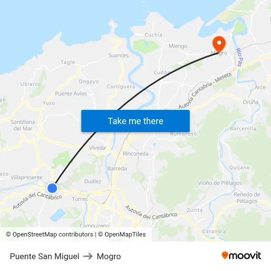 Puente San Miguel to Mogro map