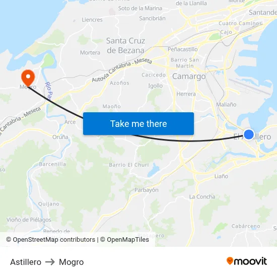 Astillero to Mogro map