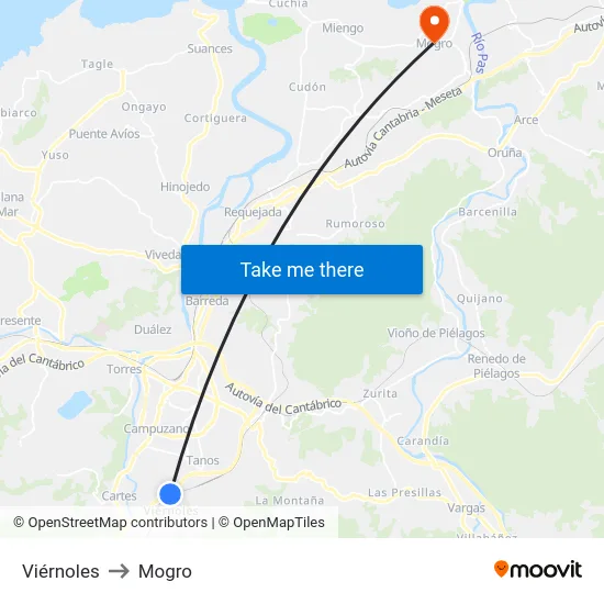 Viérnoles to Mogro map