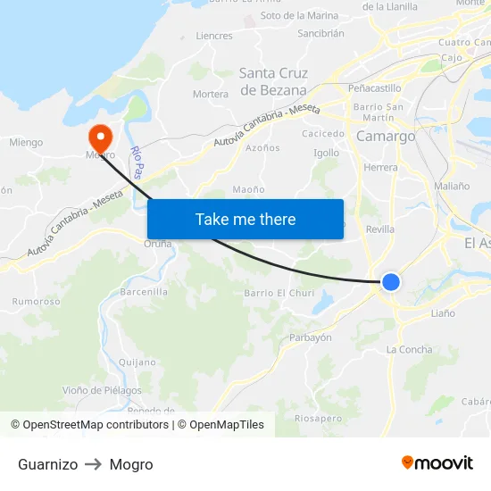 Guarnizo to Mogro map