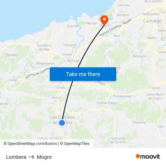 Lombera to Mogro map