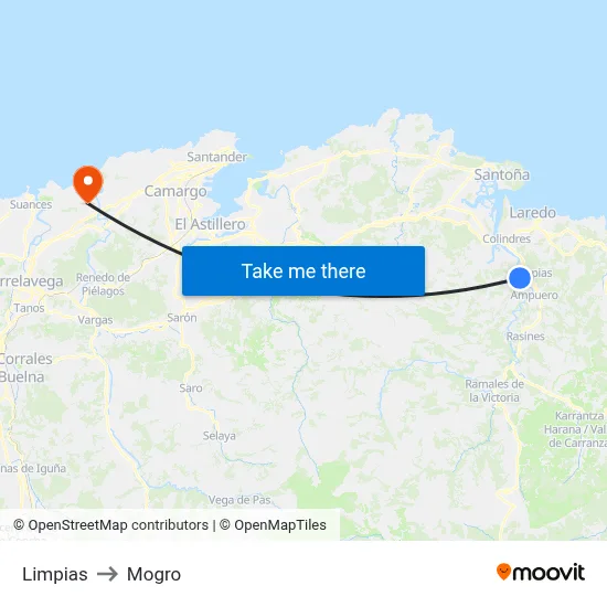 Limpias to Mogro map