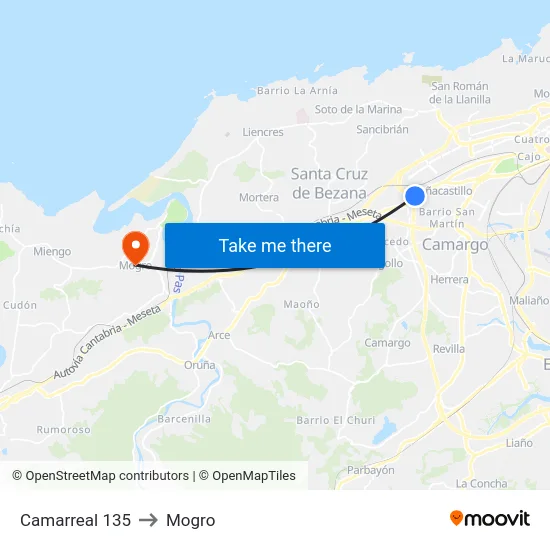 Camarreal 135 to Mogro map