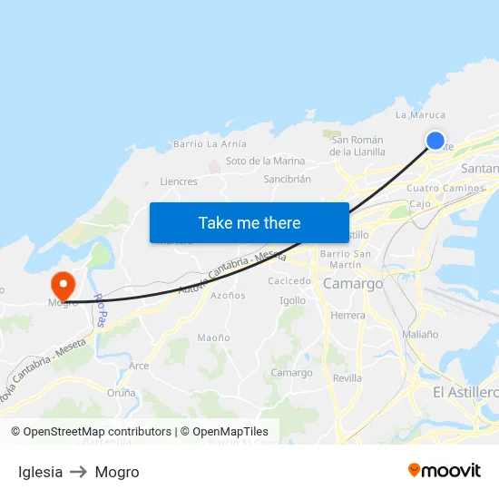 Iglesia to Mogro map