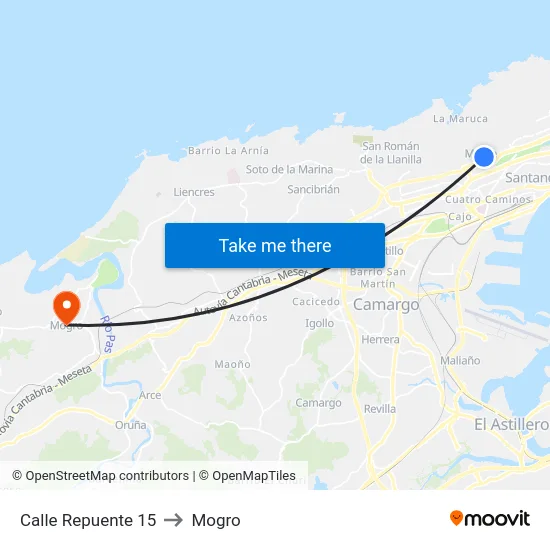 Calle Repuente 15 to Mogro map
