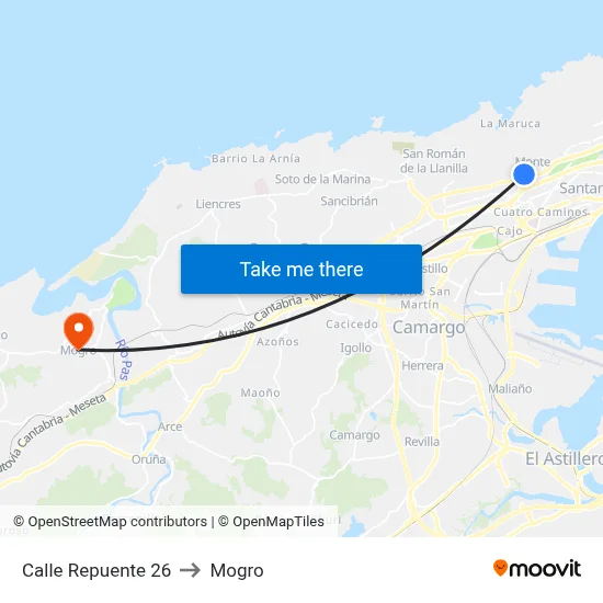Calle Repuente 26 to Mogro map