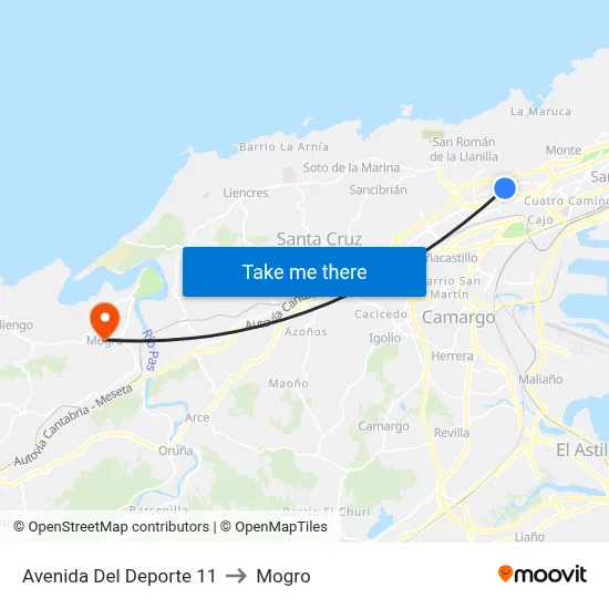 Avenida Del Deporte 11 to Mogro map