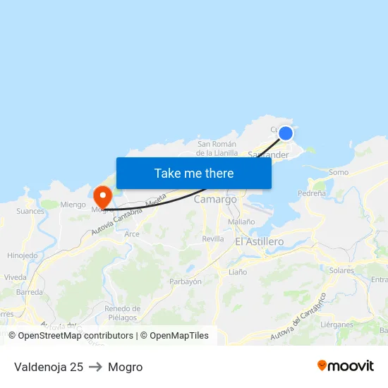 Valdenoja 25 to Mogro map