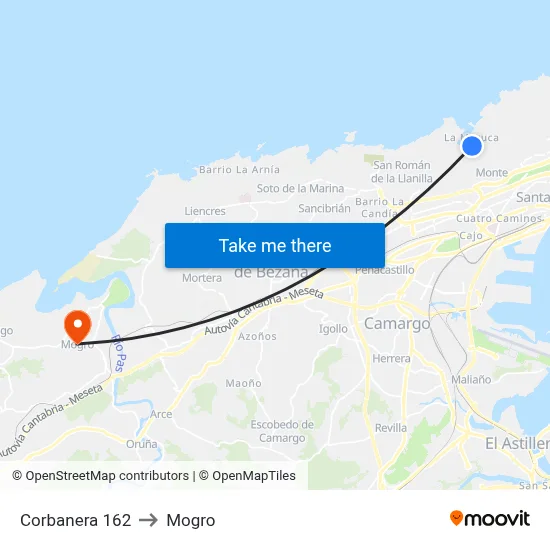 Corbanera 162 to Mogro map
