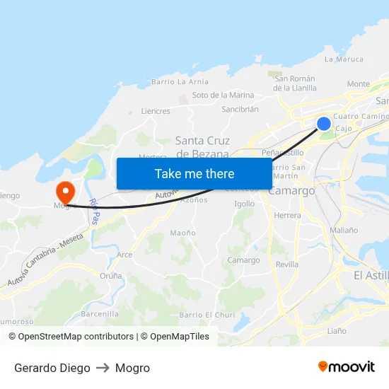 Gerardo Diego to Mogro map