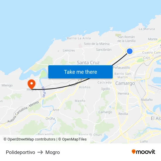 Polideportivo to Mogro map