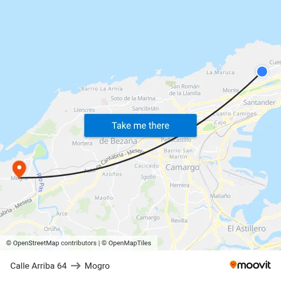 Calle Arriba 64 to Mogro map