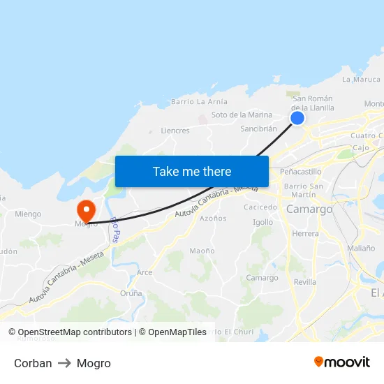 Corban to Mogro map
