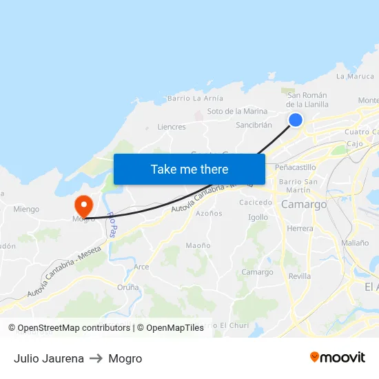 Julio Jaurena to Mogro map