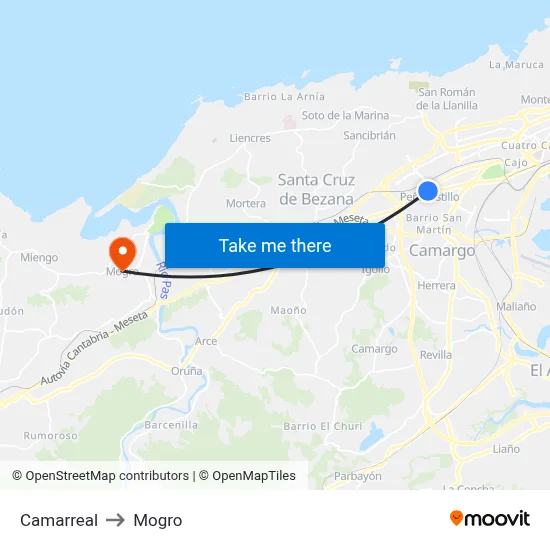 Camarreal to Mogro map