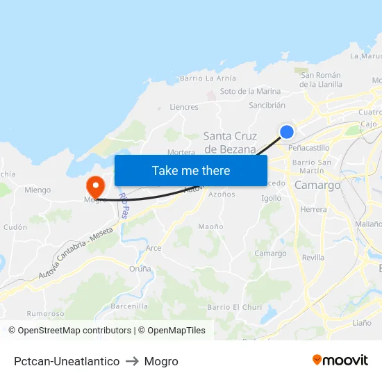 Pctcan-Uneatlantico to Mogro map