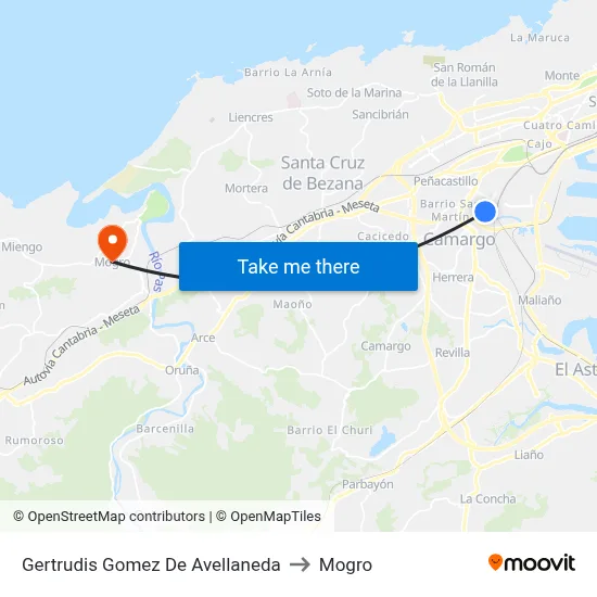 Gertrudis Gomez De Avellaneda to Mogro map