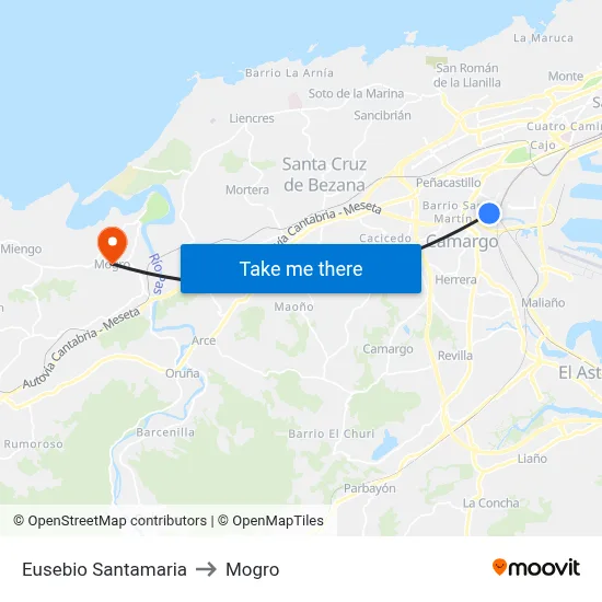 Eusebio Santamaria to Mogro map