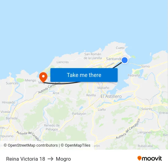 Reina Victoria 18 to Mogro map