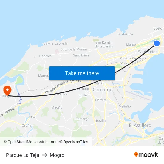 Parque La Teja to Mogro map