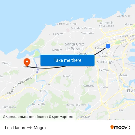 Los Llanos to Mogro map