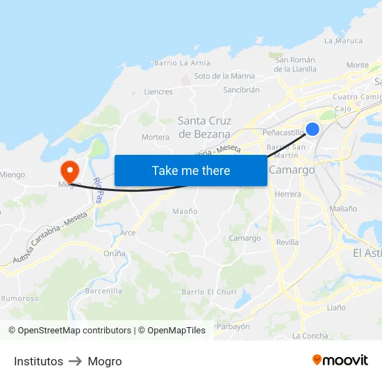 Institutos to Mogro map