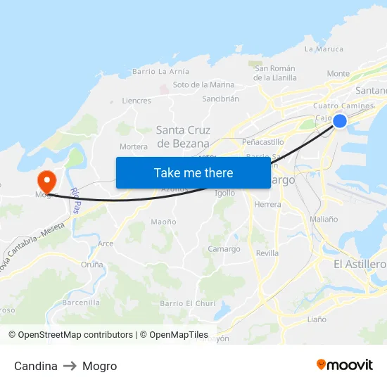 Candina to Mogro map