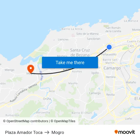 Plaza Amador Toca to Mogro map