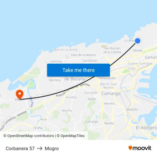 Corbanera 57 to Mogro map