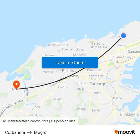 Corbanera to Mogro map