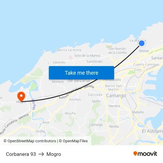 Corbanera 93 to Mogro map
