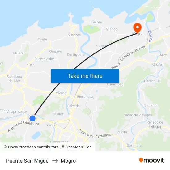 Puente San Miguel to Mogro map