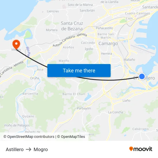 Astillero to Mogro map
