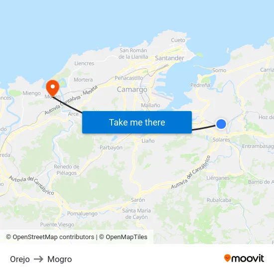 Orejo to Mogro map