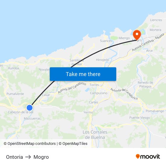 Ontoria to Mogro map